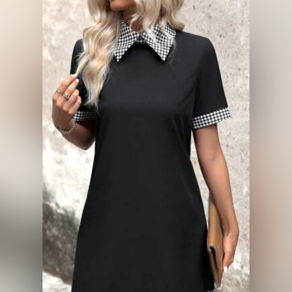 Little black dress w/ white check collar & short sleeves. Pencil silhouette. 10 - Picture 2 of 11